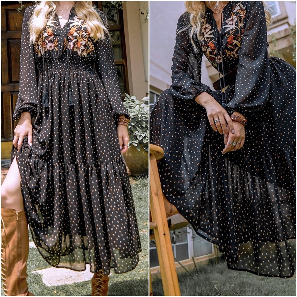 Boho floral print embroidered Polka Dot Maxi dress - Picture 2 of 4